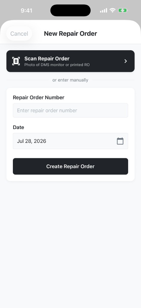 FlagHawk Scan Repair Order screen